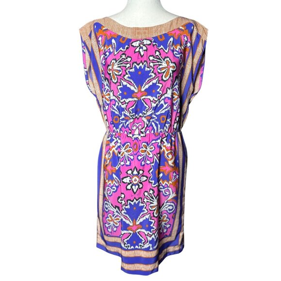 NEW Ann Taylor LOFT Womens Size S Boho Tribal Pink Purple Scarf Print Mini Dress - Picture 2 of 10